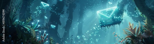 An illustration of a magical email icon with glowing runes and enchanted geometric shapes, floating in a mystical forest with bioluminescent plants and sparkling fairy lights