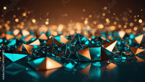 Polygonal Teal Light and Bronze Gradient Background with Abstract Triangles.