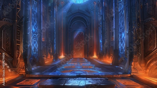 An illustration of a mystical corridor with enchanted runes glowing in blue and orange