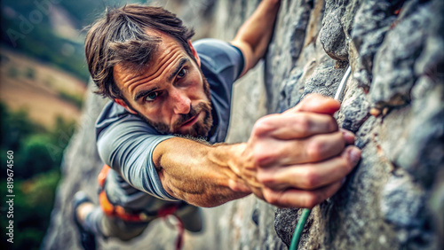 An intense close-up of a determined climber's hands gripping the rock face tightly, showcasing the focus and commitment required for the sport