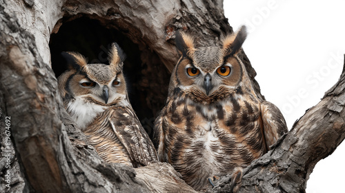 Two great horned owls perched in a tree hollow, one with striking orange eyes staring directly, the other slightly dozing.