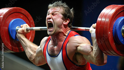 A close-up of a serious weightlifter's strained muscles as they lift heavy weights, displaying the dedication and intensity of the sport