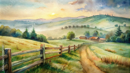 A watercolor painting of a peaceful countryside scene, with a rustic wooden fence and distant rolling hills.