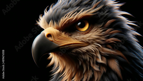 Close-up image of a powerful griffin, its eagle eyes sharp and alert, with a beak and feathers detailed and magnificent.