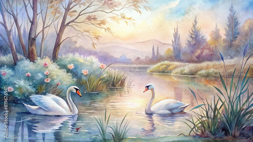 A tranquil riverside scene with a pair of swans gliding gracefully on the water in a watercolor painting, surrounded by reeds and flowering meadows