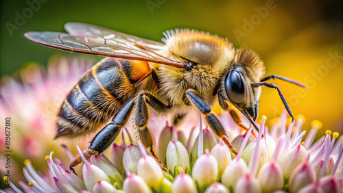 Extreme close-up of a bee collecting nectar from a flower, with clear background, focusing on its proboscis and fuzzy body