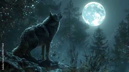 Lone Wolf Howling at the Mystical Moonlit Forest Evoking Ancient Legends and Supernatural Folklore