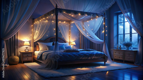 A cozy bedroom retreat with a plush canopy bed and soft, ambient lighting, creating a haven of comfort and tranquility.