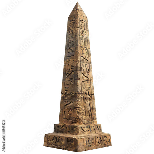 Ancient stone obelisk with hieroglyphs, isolated on a white background. Historic monument representing ancient Egyptian culture. Isolate on white background