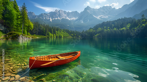 canoe on lake, beatiful and cloudy summer sunrise lake view 