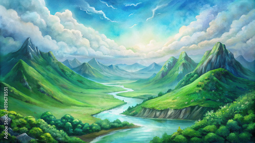 A panoramic view of a lush green valley with a winding river flowing through it, surrounded by towering mountains and fluffy clouds in the blue sky above
