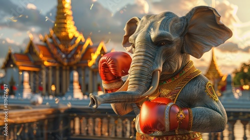 Elephant in Boxing Gear Stands Proudly in Front of Wat Phra Kaew Temple