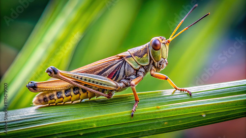 Macro shot of a grasshopper perched on a blade of grass, showing its segmented body and antennae