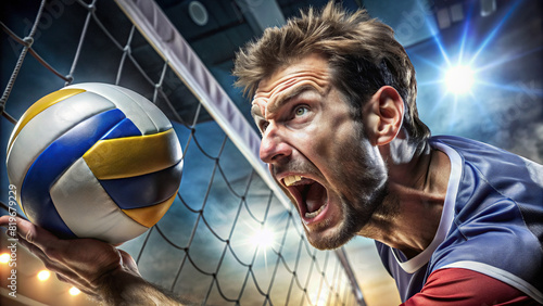 An intense close-up of a volleyball player spiking the ball with precision, their serious expression revealing their commitment to the game