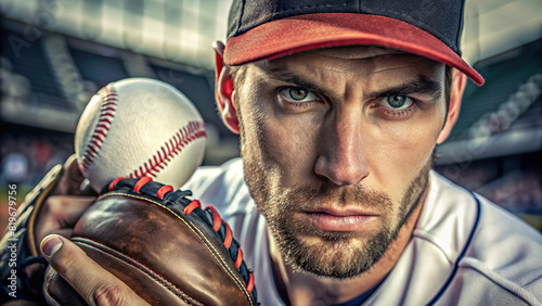 A close-up of a baseball pitcher's intense stare as they wind up for a throw, demonstrating their serious attitude towards the game and competition