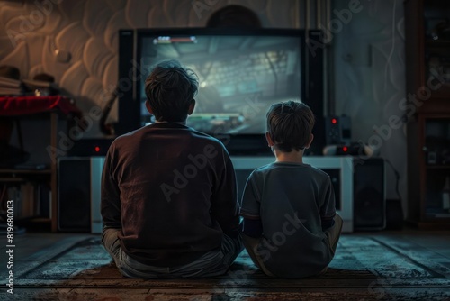 A father and son sitting on the floor deeply engrossed in a video game they are playing on the TV with game controllers in hand