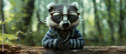 A stylish badger in a striped shirt and glasses, sitting on a log with a woodland background