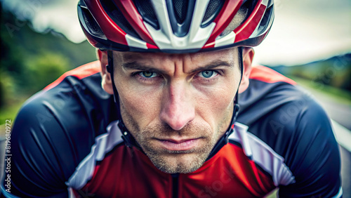 Serious cyclist gearing up for a race, eyes fixed on the road ahead