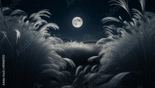 夜空の満月とススキの野原の風景