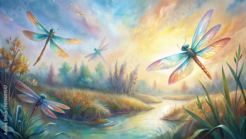 Vibrant dragonflies darting among tall grasses near a babbling brook, their iridescent wings shimmering in the sunlight