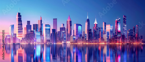 Modern smart city skyline at dusk, futuristic skyscrapers with reflective facades, blue background, perfect for corporate brochures, copy space,