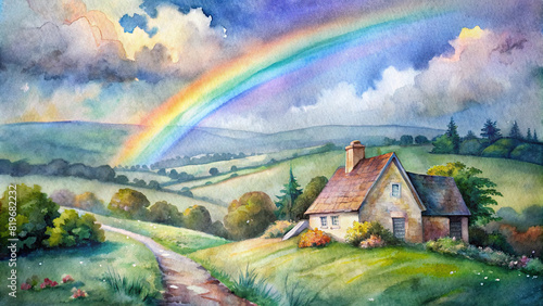 A charming countryside cottage nestled amidst rolling hills, framed by a brilliant rainbow stretching across the sky after a passing rain shower