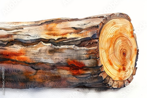 Closeup of a wooden log, rich wood grain and bark details, on a clean white background, ideal for nature and woodworking promos