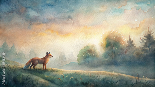 A lone fox pauses at the edge of the clearing, its silhouette bathed in the fading light