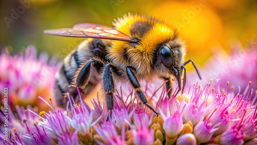 A fuzzy bumblebee gathering nectar from a flower, captured in macro focus