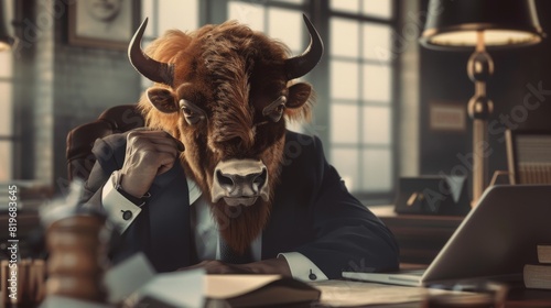 A bison in a suit looking over financial reports