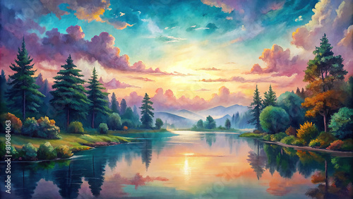 Panoramic view of a tranquil lake surrounded by lush greenery and towering trees, reflecting the vibrant colors of sunset 