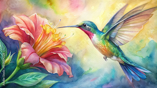Close-up of a hummingbird sipping nectar from a vibrant flower, with its iridescent feathers shimmering in the sunlight 
