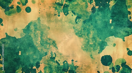 A background of aged and distressed paper with a colorful grunge pattern, combining blotches of forest green and earth tones. 
