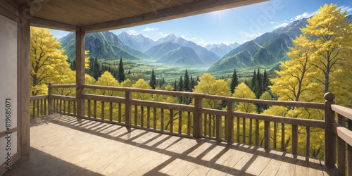 Yellowish green trees, wooden balcony, view, sunlight, mountains, green