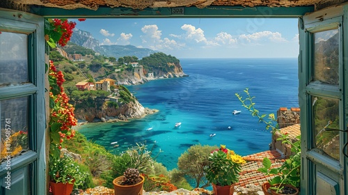 Open window with a breathtaking Mediterranean vista of turquoise waters, terracotta rooftops, and lush greenery under the warm sun