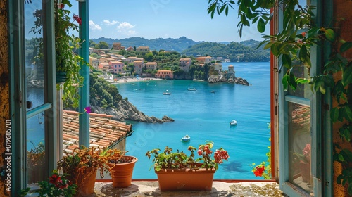 Open window with a breathtaking Mediterranean vista of turquoise waters, terracotta rooftops, and lush greenery under the warm sun
