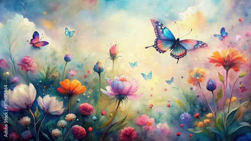 A dreamy watercolor illustration capturing the ethereal beauty of a butterfly garden, with vibrant blooms and fluttering wings against a soft, blurred background