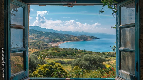 View from an open window overlooking the Mediterranean: rolling hills, a distant beach, and the shimmering sea under a bright sky.