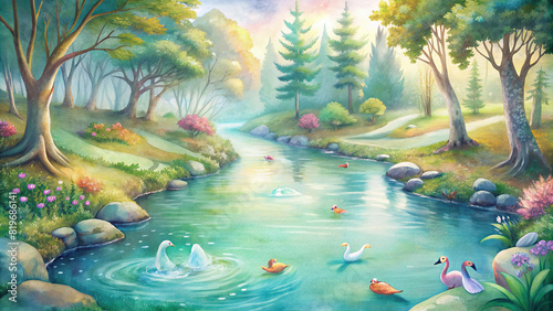 A babbling brook winds its way through a sun-dappled forest, its crystal-clear waters teeming with colorful fish and graceful swans gliding by