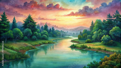 A tranquil river winds its way through a lush forest, its surface reflecting the verdant canopy above and the brilliant hues of a sunset sky.