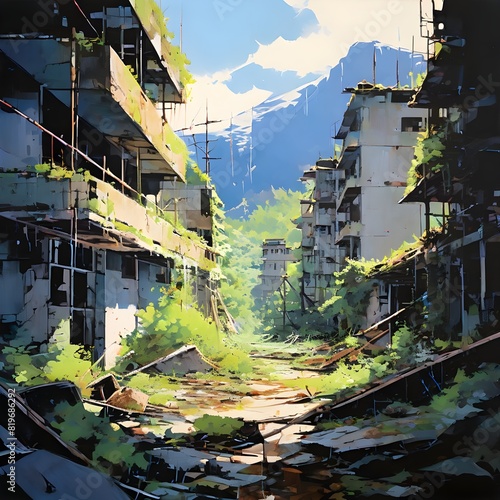 Acrylic painting of abandoned city in mountains, generative AI