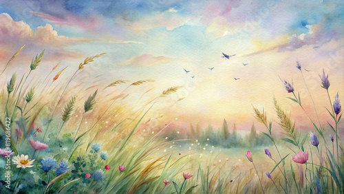 A gentle breeze ripples through a field of tall grass, carrying with it the sweet scent of blooming wildflowers and the distant call of songbirds