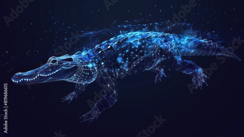 Crocodile. Low poly blue. Polygonal abstract illustration of animal. In the form of a starry sky or space.