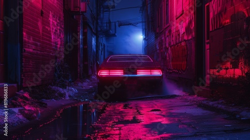 A car parked in a dark alleyway, with only its glowing neon undercarriage lights illuminating the scene, creating a sense of mystery