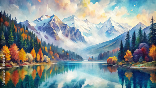 Panoramic view of a serene mountain lake surrounded by snow-capped peaks and vibrant autumn foliage, showcasing the beauty of seasonal change 