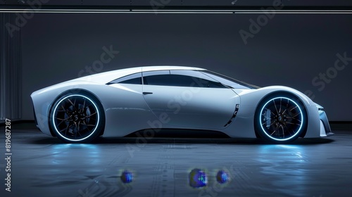 A minimalist concept car with sleek white lines, accented by subtle blue neon lighting that highlights its design