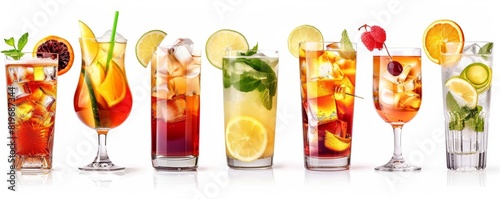 Diverse range of alcoholic and nonalcoholic drinks, colorful and garnished, in different glassware, on a white background, ideal for cocktail ads