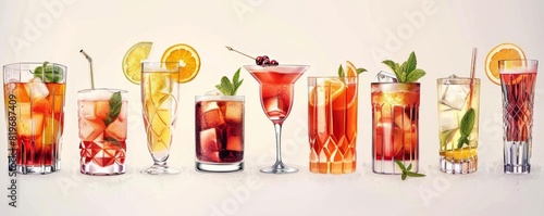 Diverse range of alcoholic and nonalcoholic drinks, colorful and garnished, in different glassware, on a white background, ideal for cocktail ads