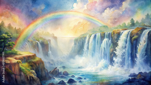 A stunning rainbow arching over a waterfall in the misty morning light, creating a magical and colorful scene.