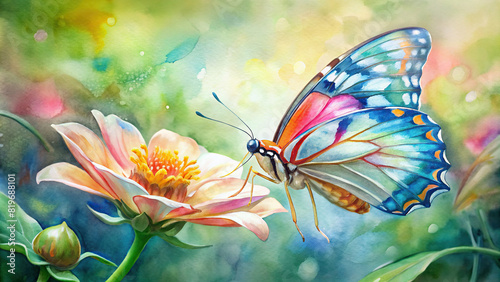 A close-up of a colorful butterfly sipping nectar from a blooming flower, with soft-focus background of green foliage.